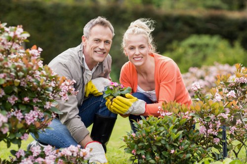 A man and woman working together in a well-maintained garden, kneeling amidst flowering bushes and shrubs. The garden features a lush, green lawn in the foreground, bordered by vibrant pink and white blossoms on dense, neatly trimmed bushes. Behind them, there are additional shrubs and a background of trees and hedges under a partly cloudy sky, indicating outdoor lighting conditions. The man is wearing a grey shirt, blue jeans, and gloves, while the woman is dressed in an orange cardigan and white top, also wearing gloves. Both are smiling and appear to be engaged in gardening activities such as pruning or planting. The scene reflects a tidy, landscaped outdoor space, characteristic of professional garden maintenance and lawn care services in Hammersmith, suitable for advertising services provided by Lawn Mowing Hammersmith, with a focus on gardening and outdoor upkeep.